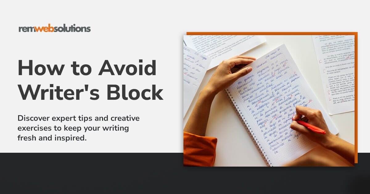 "How to Avoid Writer's Block" woman's hands writing in a notebook